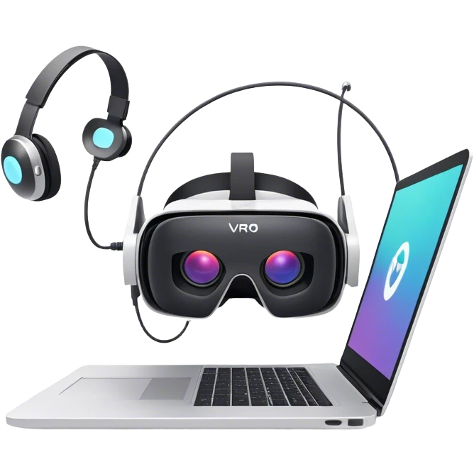 VR headset lying next to a laptop, connected by wires. On the laptop screen a VR/AR modeling program is opened. Floating 3D models or virtual objects. Modern, tech-inspired colors. No emojis or smiley faces. Transparent background. emoji