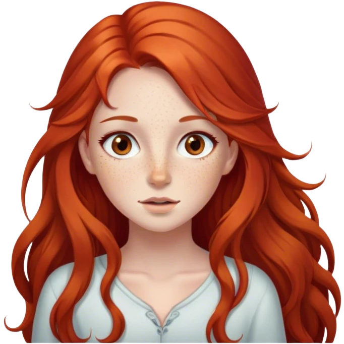 a girl with long red hair, brown eyes and freckles. emoji