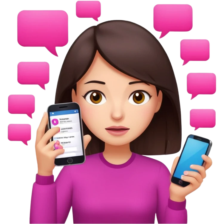 Social media manager. She has dark brown hair, brown eyes, overwhelmed expression, slightly stressed face,a holding a smartphone with notifications piling up. Use vibrant colors with a focus on pink and fuchsia tone emoji