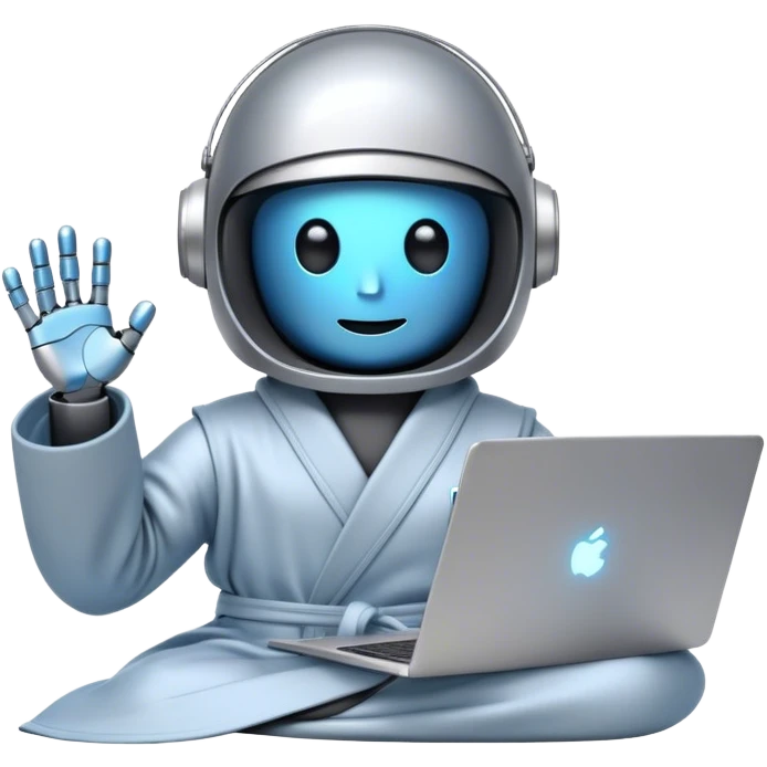 Emoji of a remote-working robot in a cozy bathrobe with a laptop. The robot has a sleek helmet-like head with glowing digital eyes. Relaxed yet high-tech vibe. emoji