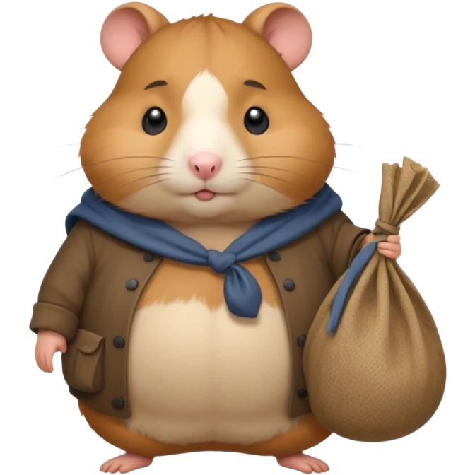 Fat cartoon-style hamster hobo carrying a bindle over its shoulder with a sad expression. emoji