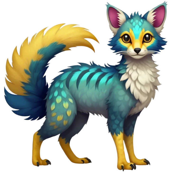 Feral Rare Fantasy vibrant colorful Vernid-Trico-species by LiLaiRa, random markings, tufted tail, tufted ears, full body emoji