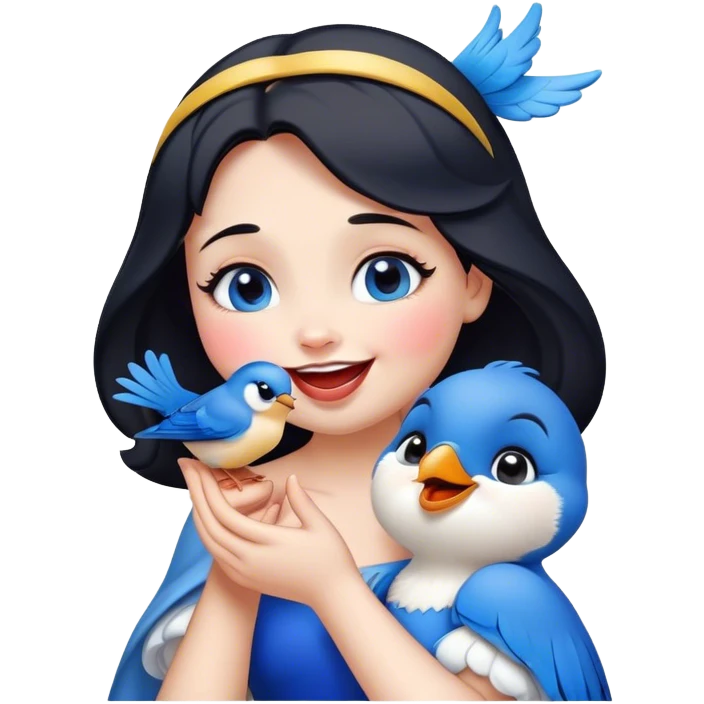 Cinematic Adorable Snow White Portrait Emoji, Giggling as a bluebird perches on her finger, cheeks rosy with joy, bright expressive eyes full of wonder, her innocence and beauty blending into a heartwarming moment! emoji