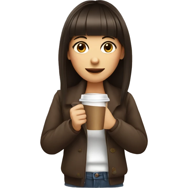 Brunette girl with bangs with a coffee on her hands emoji