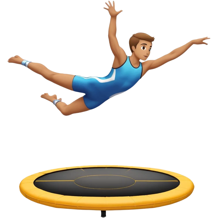 An athletic person soaring high above a trampoline, executing an acrobatic flip with perfect form. The scene captures motion and energy, with a dynamic pose, stretched limbs, and a focused expression. The background suggests a professional trampoline arena with safety padding. emoji