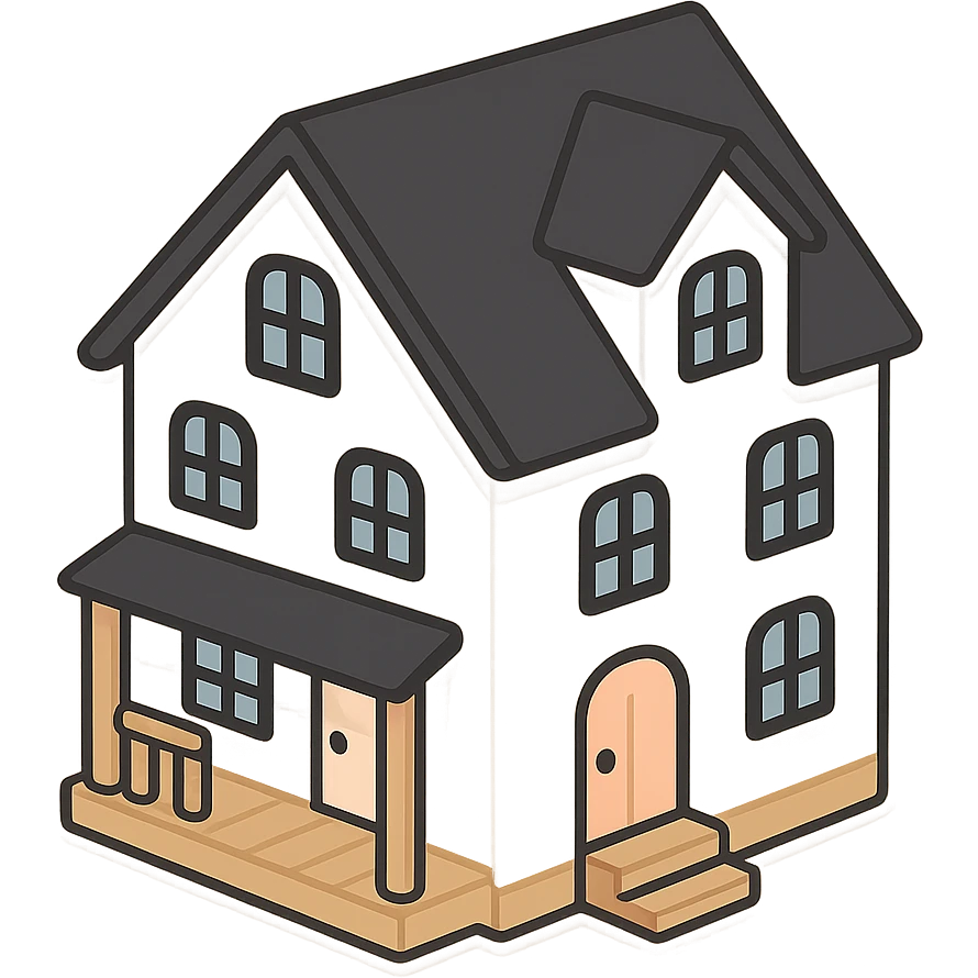 modern farmhouse dollhouse, white with black trim and wooden accents, 3d isometric  emoji
