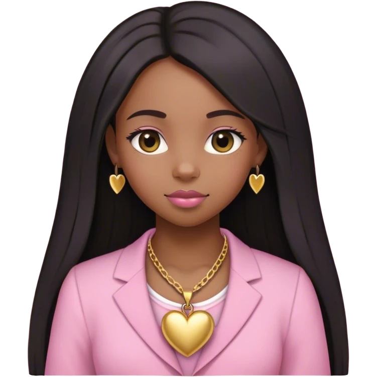 Black girl with STRAIGHT LONG HAIR DOWNhair down with baby edges and formal clothes that are pink for her interview and a gold heart necklace  emoji