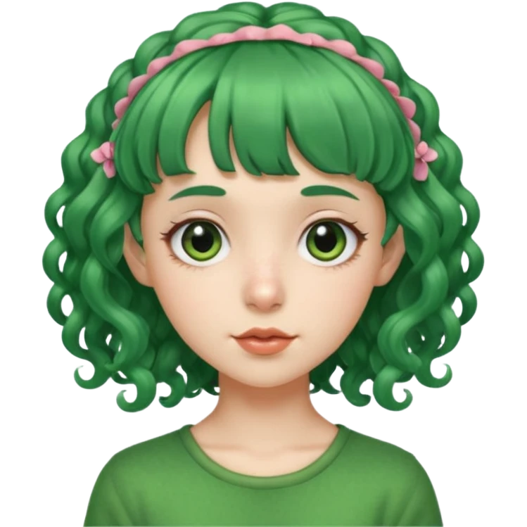 green curly  haired with hair bangs big head accessory big nose mid size ear young emoji