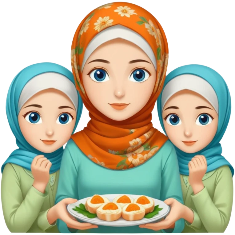 Three sister Turkish girls beautiful finish Konya blue eyes with orange floral hijab and light green dress and make turkish Breakfast emoji