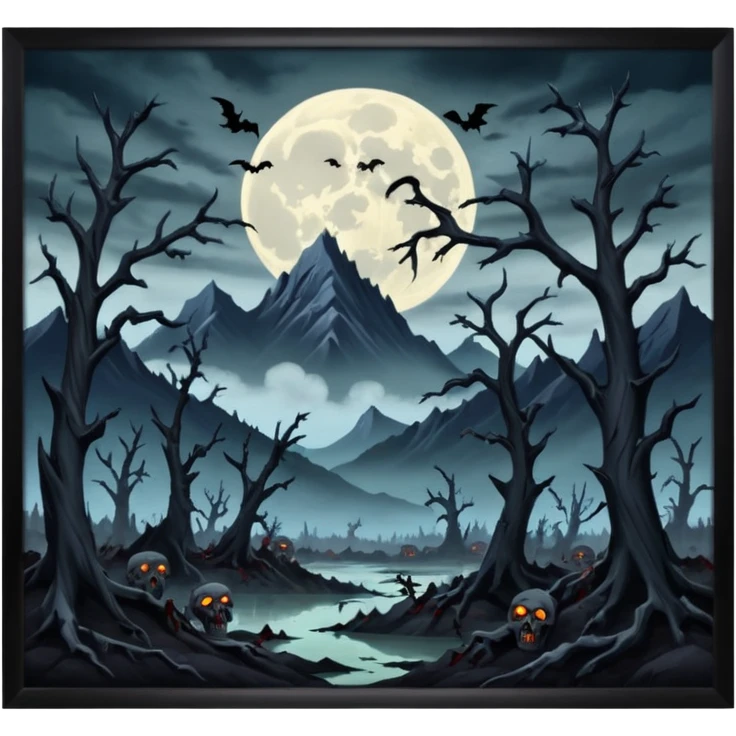 A dark creep Alaskan land scape with rotting trees and zombies rising from the ground infront of evil looking mountains with a cloudy evil moon. emoji