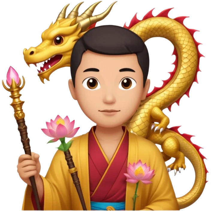 man with asian dragon, scepter, buddhism, lotus emoji
