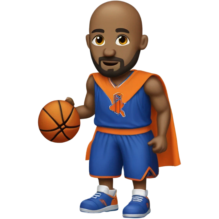 The Knicks with a bald head, beard, and goatee, a white and orange cape…spinning a basketball on its head. emoji