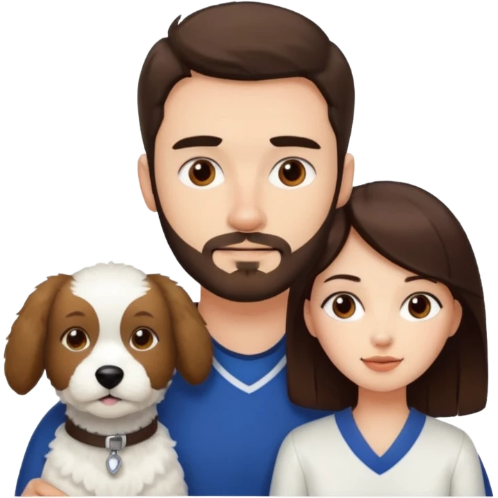scottish man with stubble, brunette woman and one white fluffy dog emoji