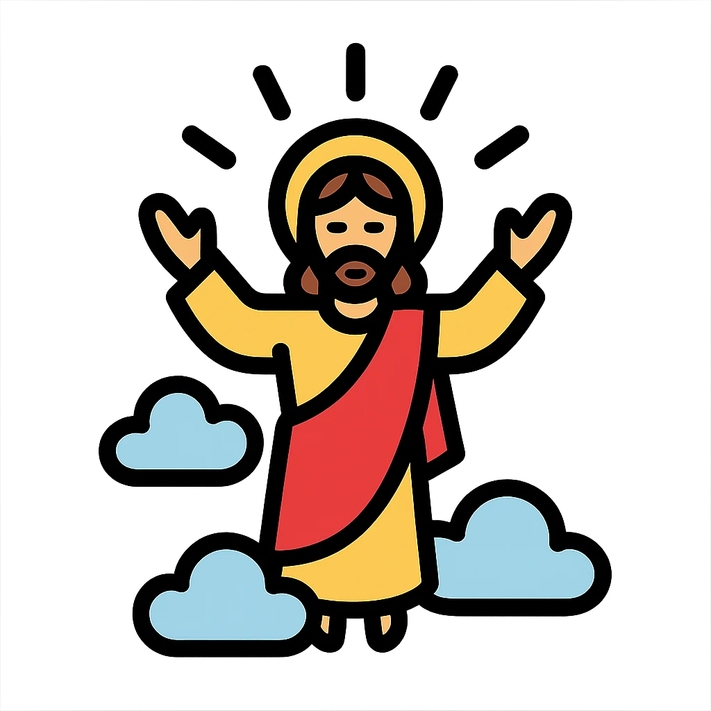 Ascension Day, Jesus ascending into the sky with clouds and rays of light, peaceful and uplifting, color outline icon style emoji