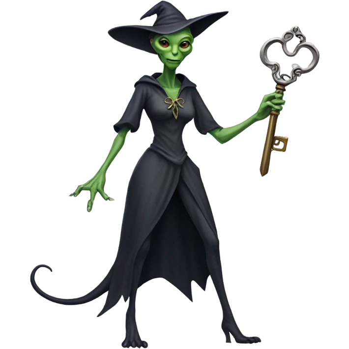 a Reptilian alien woman, as witch, holding a big key, full body emoji