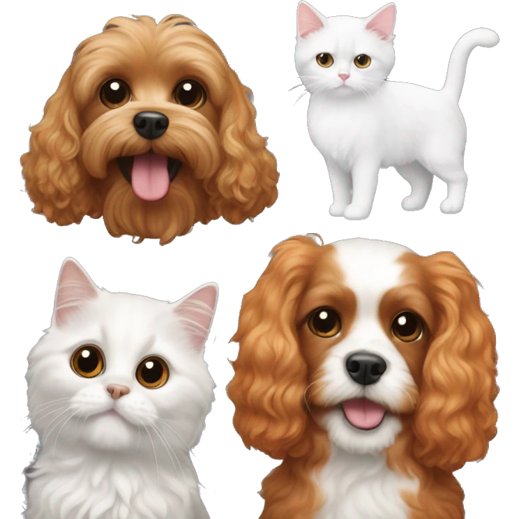 cavapoo dog next to a black, orange, and white colored cat emoji
