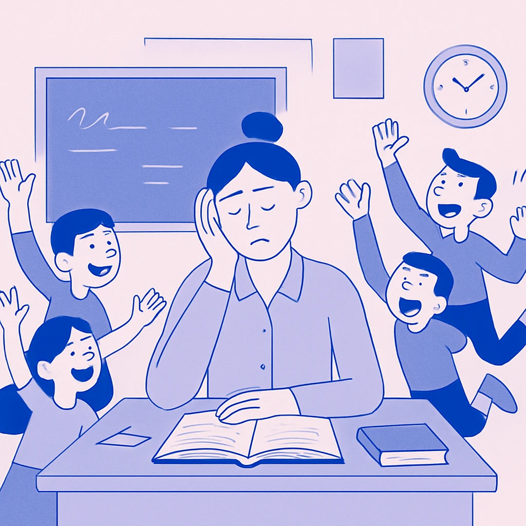 tired teacher at desk with energetic students in busy classroom emoji