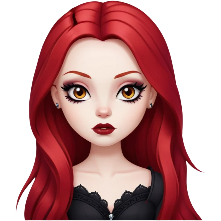goth red long hair, pale skin,  brown iris, pretty bratz baddie, strong black eyeliner emoji