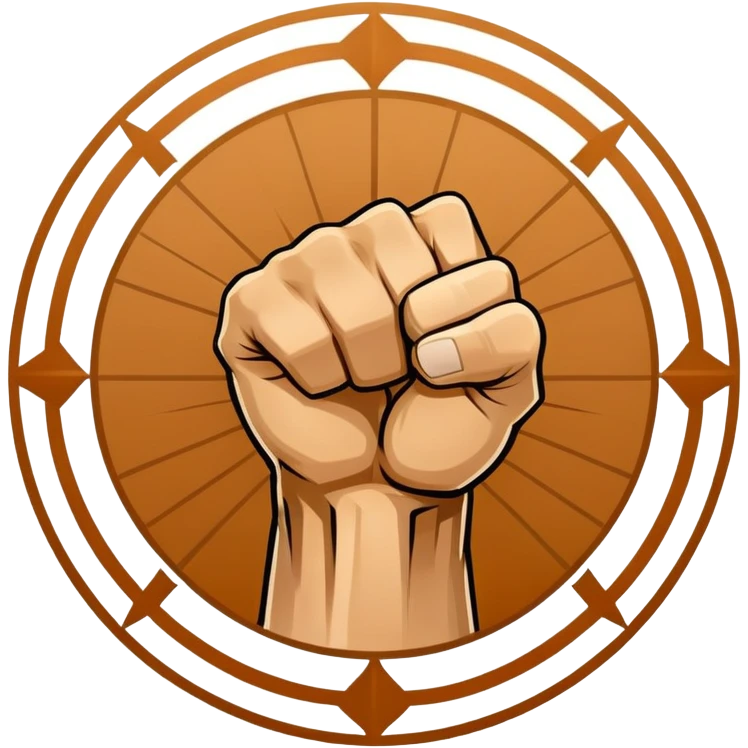 An emblem symbolizing striking martial arts, featuring a clenched fist in the center surrounded by dynamic lines representing speed and power. The background includes subtle elements of a combat ring and traditional martial arts symbols. Transparent background. emoji