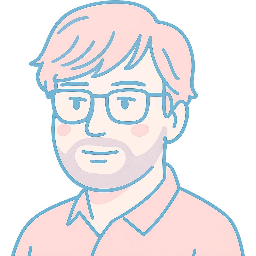A thoughtful man with rectangular glasses, fashionably tousled longer hair with trendy side-swept bangs, a naturally round face, and a slightly wider nose. Use pale blue for the main line work, pink accent highlights throughout, and gray tones for the neat short beard and subtle shadows. emoji