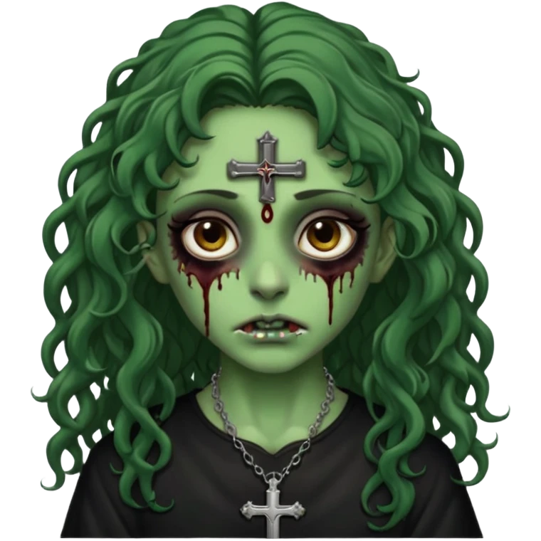 Zumbi verde com olhos castanhos aspecto de que tá sangrando, com cabelo castanho cacheado longo um piercing do lado esquerdo do nariz, roupa preta e crucifixo como colar, e também delineador  emoji