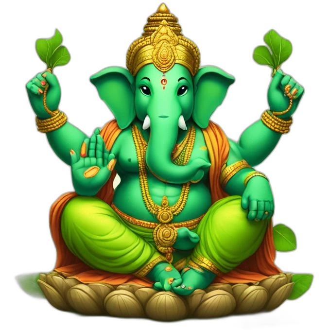 green ganesha hindu god with 4 hands, one hand with a rope, one hand with broken horn, one hand with and sphere and roght low hand in varada mudra emoji