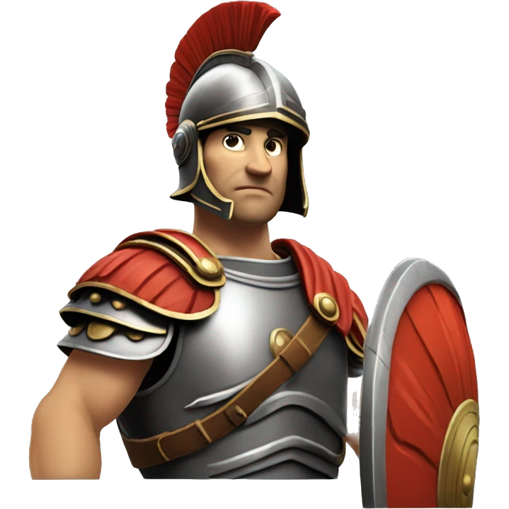 An ancient Roman legionnaire, in full growth, head slightly turned to the left, left hand palm up, showing, holding a shield with his right hand, helmet on his head, straight torso, realistic emoji
