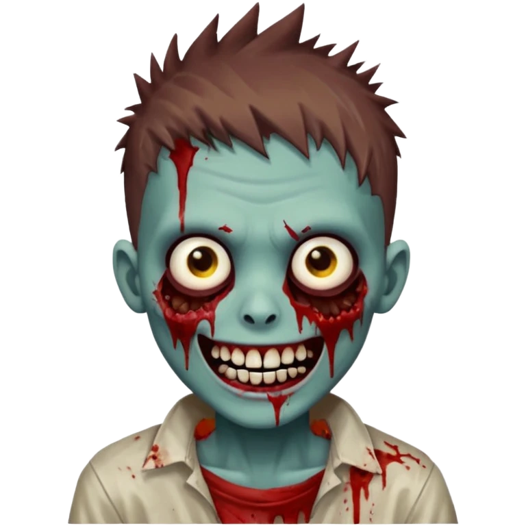 zombie boy with brown short spiky hair, white skin, and white eyes; an open smile, and bloodied teeth; emoji