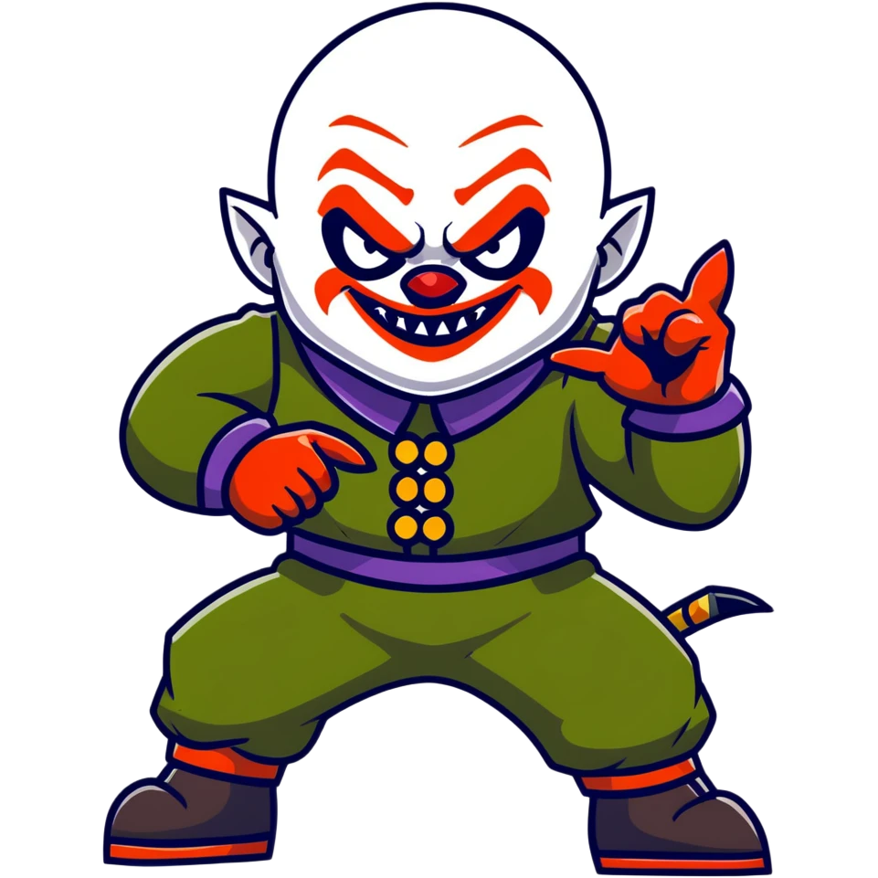 evil clown warrior, bald, short horns on forehead, fangs, pointed ears, black and military green leisure suit, battle-ready fighting posture emoji