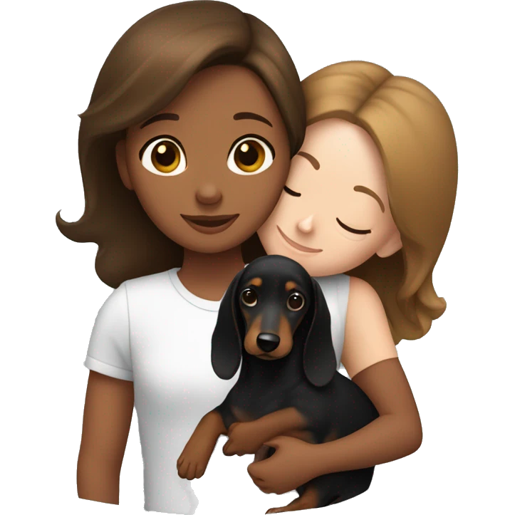 Girl with brown hair snuggling a black and brown dachshund emoji