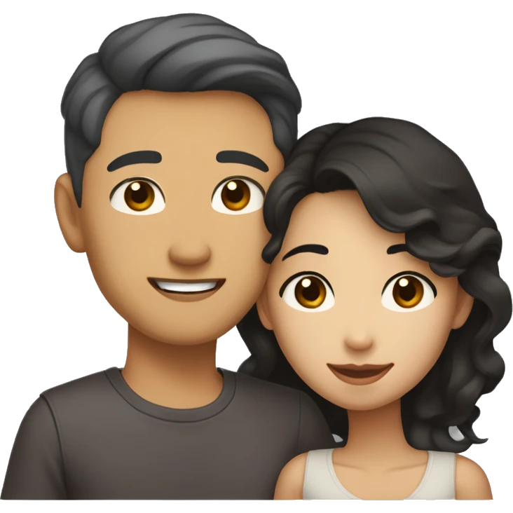 A half pale Asian man with short dark hair and amber eyes embracing and loving a half Asian woman with long wavy dark hair and dark hazel eyes. They love each other a lot And have good fashion taste. emoji