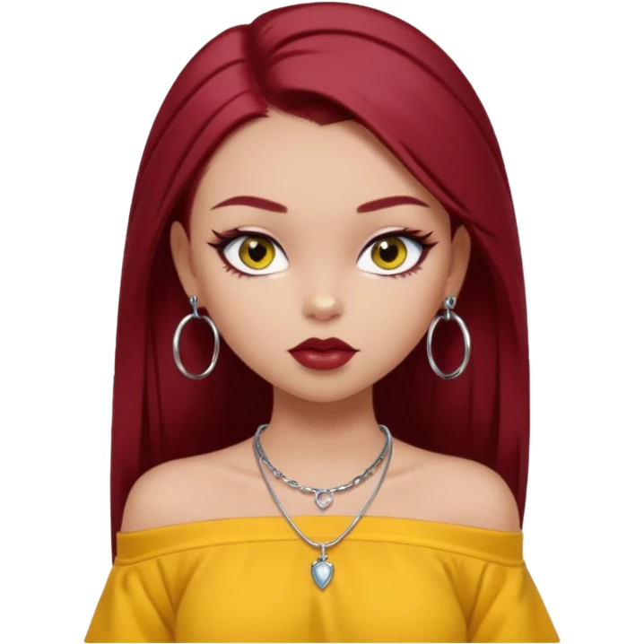 generate a pretty bratz girl in , dark brown eyes. Dark red hair straight long. wearing a yellow oversized tee falling off her shoulder, dainty silver necklace, silver hoops, septum piercings. big eyeliner emoji