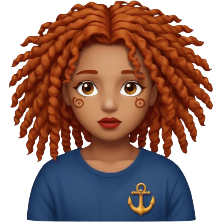 Caramel brown skin, curly locs that are half dyed ginger red at the end, brown eyes, a little bit of acne on my cheeks, Greek lips, cancer + Scropio eye shape mixed, medium sized chest, and I like the style Cutecore  emoji