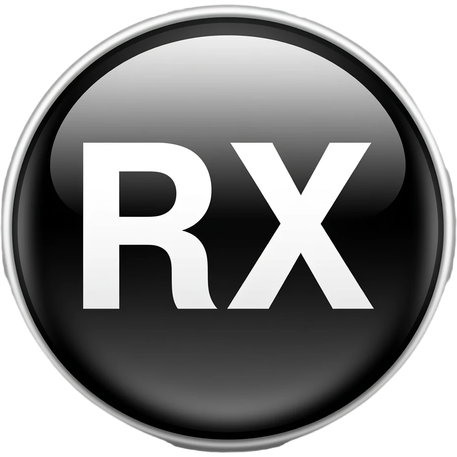 minimalist emoji of "RX" text inside a subtle crossfit-style badge, premium Telegram emoji, subtle design, thin elegant outline, black and white, transparent background. emoji