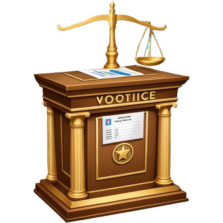 An icon featuring a ballot box with a voting paper, a government building with columns, and a scale of justice, symbolizing political science. The design includes a world map in the background, representing global political systems. Transparent background highlights governance and civic studies. emoji