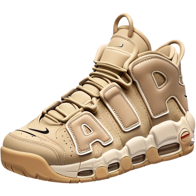 Beige colored Nike Air More Uptempo basketball sneakers with one sneaker positioned behind the other, featuring large AIR text on the sides emoji