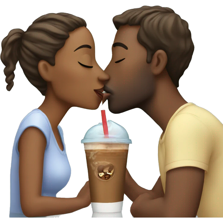Couple kissing while drinking iced coffee  emoji
