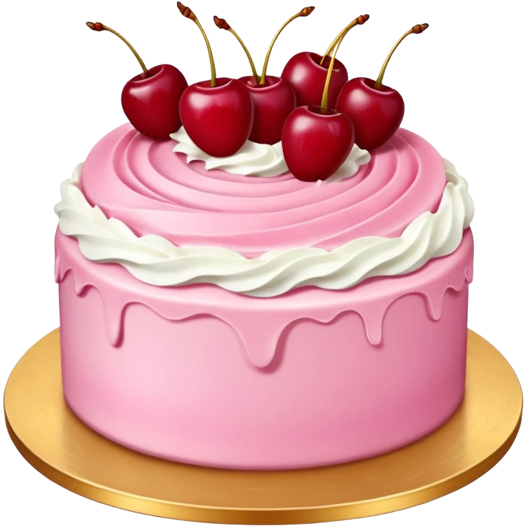 Round pink frosted cake with textured buttercream sides, placed on a gold cake board.
White whipped cream swirls on top, each topped with glossy red cherries with stems, clean studio lighting, isolated background, realistic minimal smooth emoji-style. emoji