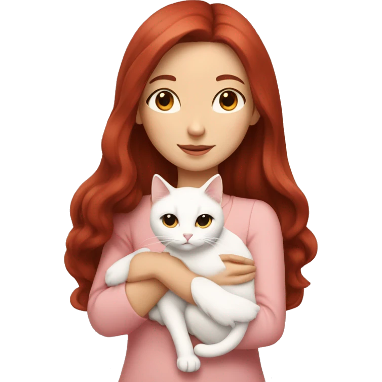 girl with long very dark red hair and brown eyes and light pink outfit hugging a white ginger cat  emoji