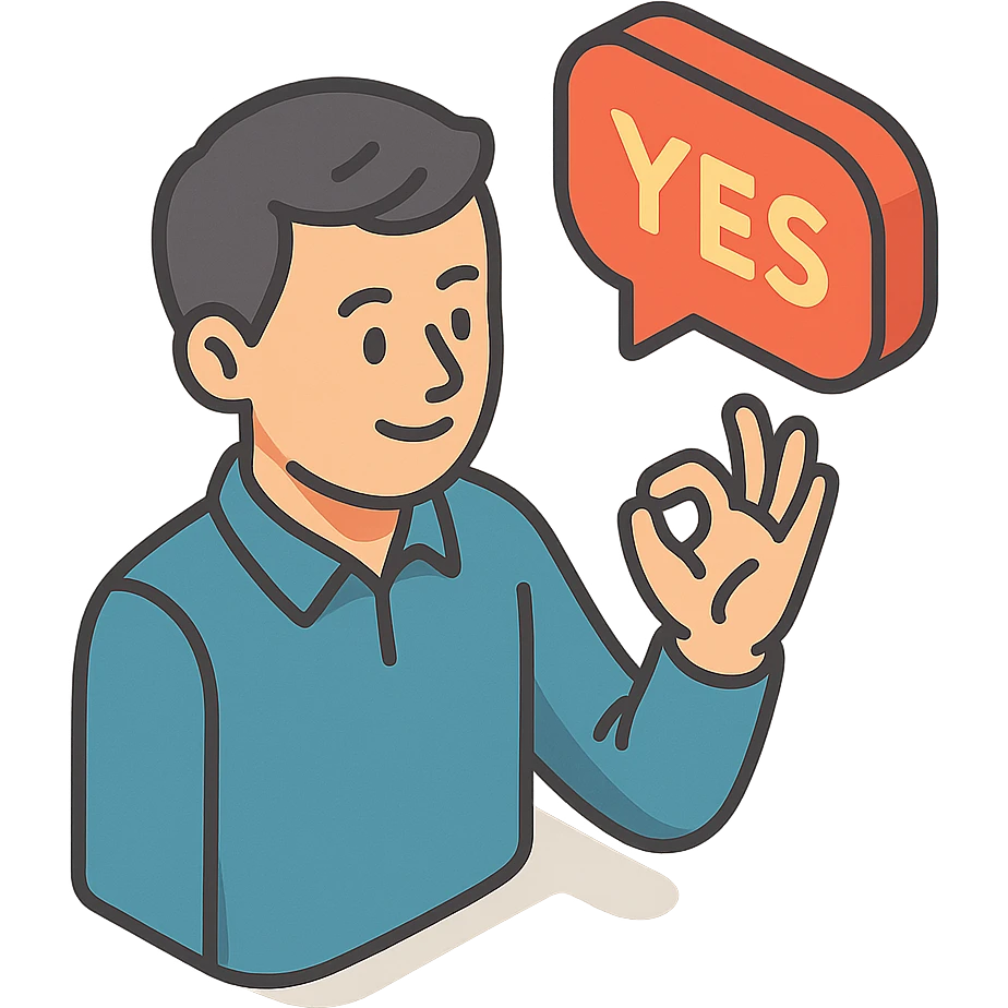 мужчина говорит - yes, и делает жест рукой в знак согласия emoji