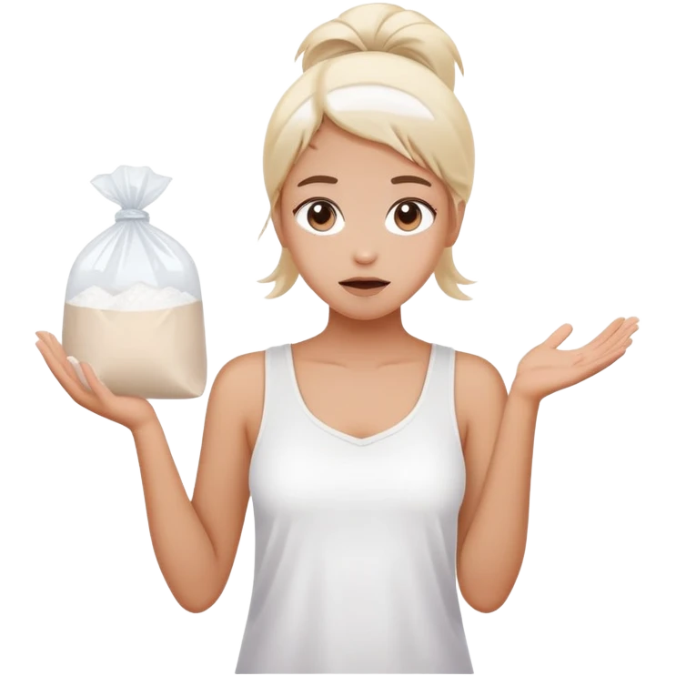 Girl shrugging holding a clear plastic bag with white powder emoji