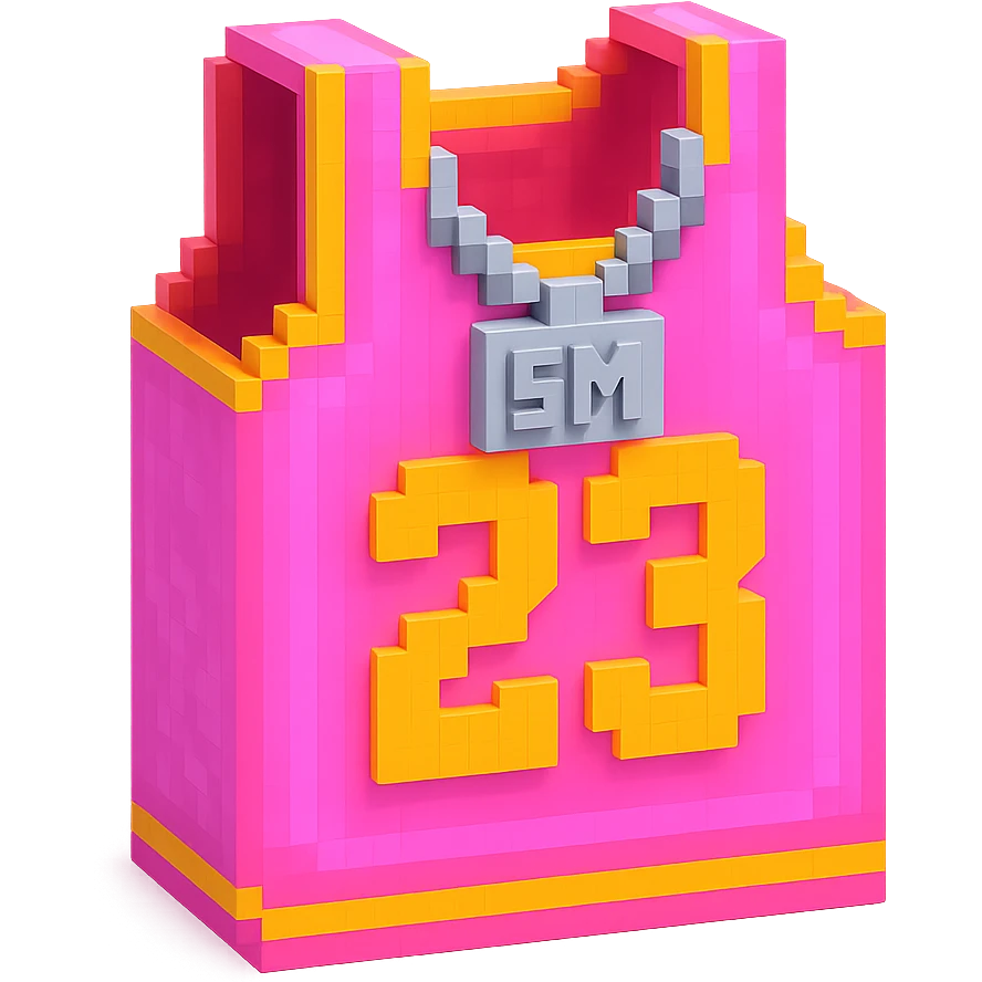 светящейся розовая баскетбольная майка с надписью "23" и серебряная цепь с надписью "SM", no background emoji