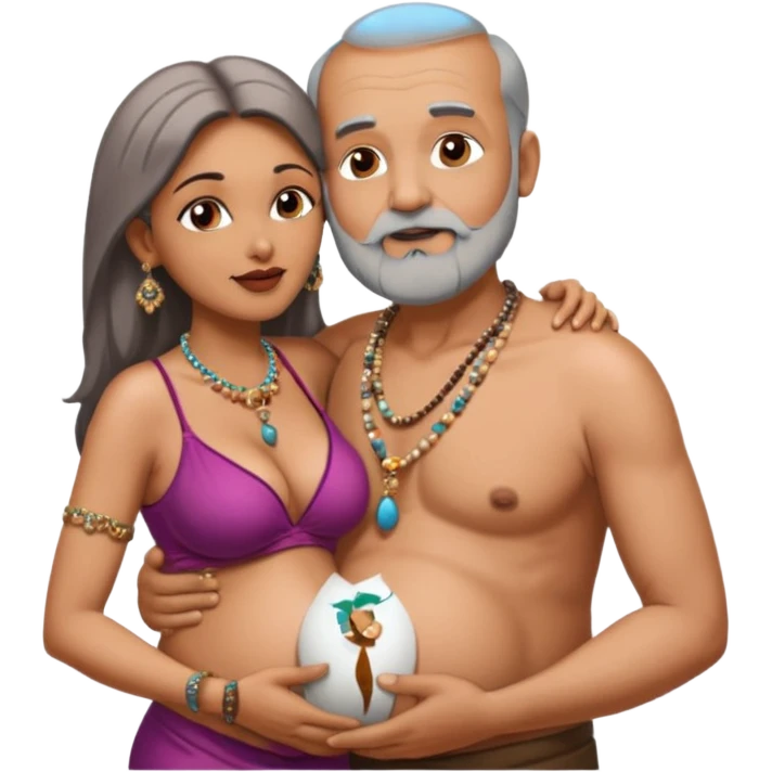 A man in his 69s balding with a grey beard passionate ly kissing the belly botton of an Indian woman in her 40s wearing a beads chain with here cleavage visible and embracing the man emoji