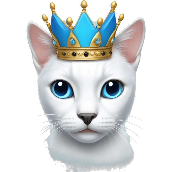 White cat with black head and blue eyes wearing a crown emoji