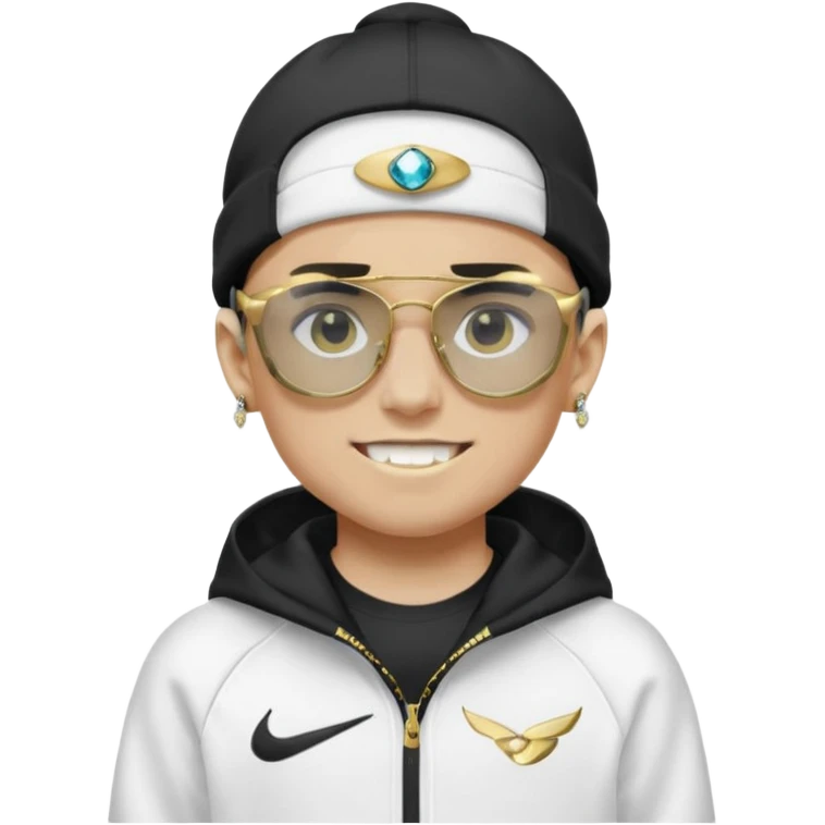 un emoji de un chico emcapuchado blanco, con gorro kalenji, dientes de oro, com uma chaqueta negra nike tech y unas gafas de oakley, con pendientes de diamante  emoji
