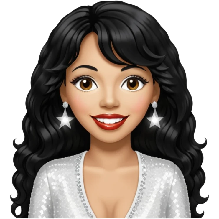 Donna Summer with long jet black hair, white sequin outfit  emoji