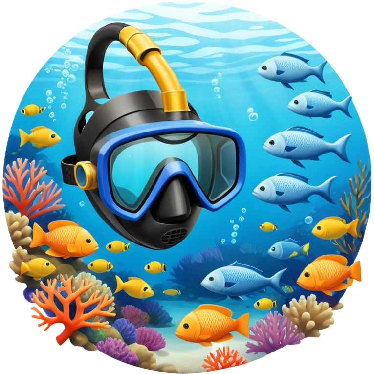 An icon featuring a close-up of a freediving mask and snorkel, with a breath-holding diver's fins, set against a vibrant underwater world. The design includes coral reefs, fish, and bubbles, symbolizing the serene beauty and thrill of freediving. Transparent background highlights the calm emoji