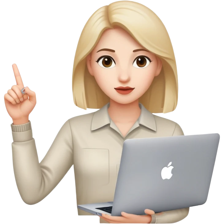 Chica 28 años joven con MacBook, dedo hacia arriba  emoji