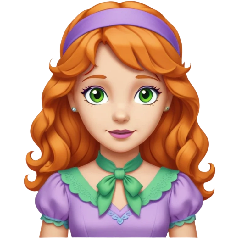 daphne blake long orange wavy hair with lilac headband, green eyes and cute lilac dress with green ascot from scooby doo  emoji