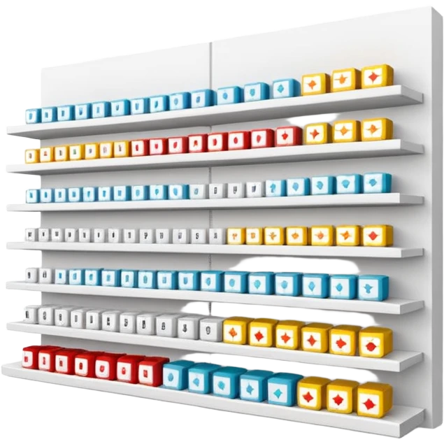 "Minimalist Japanese retail shelf display, products aligned identically across horizontal rows, vertically varied by type, clean spacing, precise symmetry, soft neutral lighting, aesthetic composition, highly organized, front-facing packages, ultra-detailed." emoji